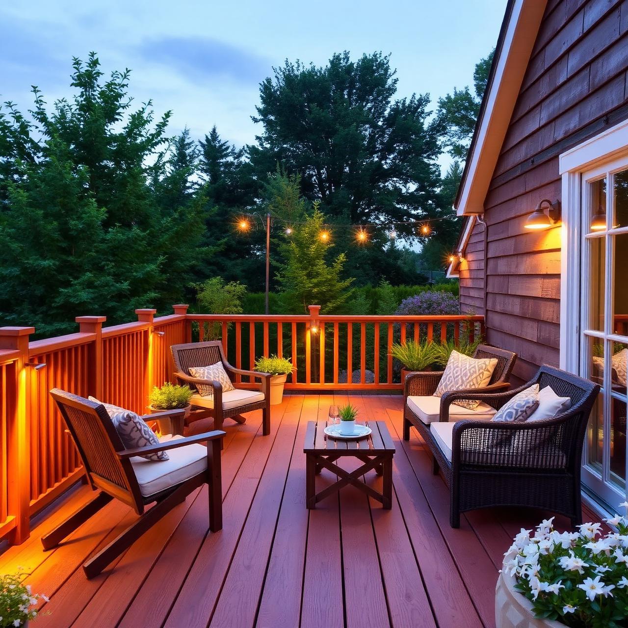 Holzterrasse mit Lounge-Möbeln am Abend